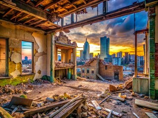 Fototapeta premium Panoramic View of a Partially Demolished Residential Building Showcasing Exposed Floors and Windows, Reflecting Urban Decay and Architectural Fragmentation in an Urban Landscape