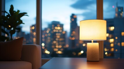 A lit lamp on a wooden table in a room with a city view.