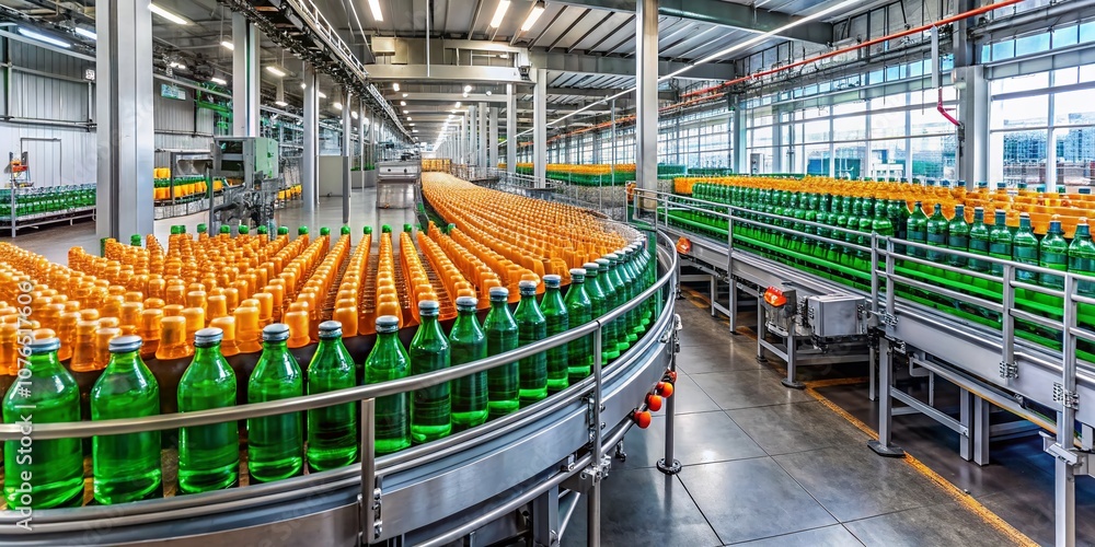Poster panoramic view of an automated bottle filling line in a modern beverage factory, showcasing high-tec