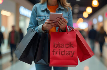 Black friday shopping spree in a mall with bags and smartphone