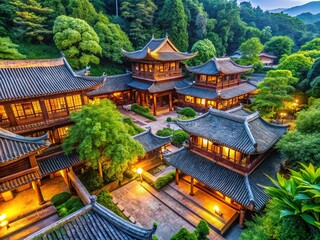 Obraz premium Panoramic View of Exquisite Wooden Beams and Craftsmanship in Traditional Architecture Surrounded by Nature's Beauty and Serenity for Interior Design Inspiration