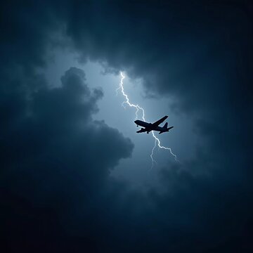 The aircraft encounters a severe thunderstorm, surrounded by dark clouds and illuminated by bright lightning strikes, highlighting the danger in the sky. Causes of air crashes. Generative AI