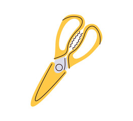 Simple yellow kitchen scissors in case isolated on white background. Concept of cooking utensil, tool. Hand drawing vector flat illustration