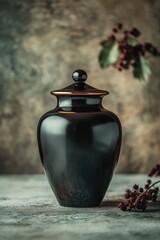 A black vase sits atop a table