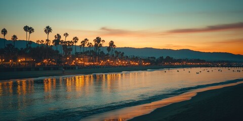 Nighttime beach scene with palm trees and water reflections