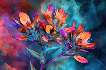 A detailed view of a colorful floral artwork on canvas