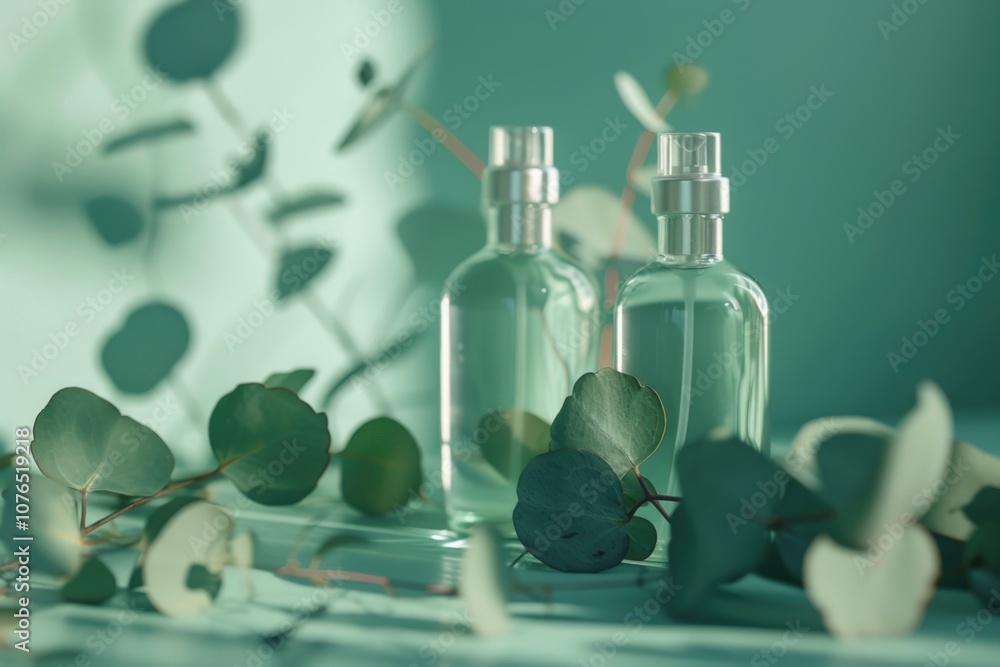 Poster a pair of bottles sitting on a table with some leaves scattered around them