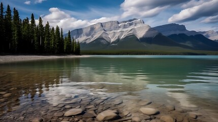 A Rocky Shoreline and Mountain Range Reflected in a Tranquil Lake