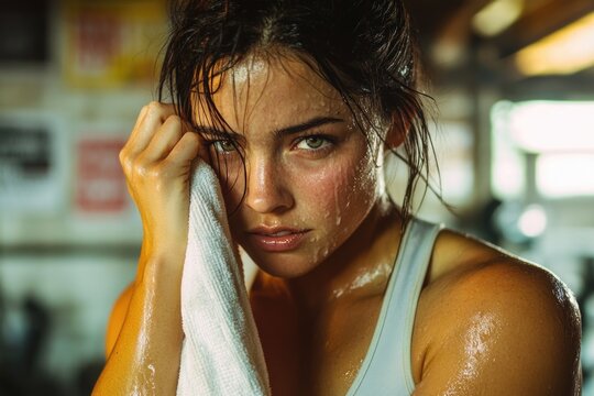 A woman cleaning her face with a towel after exercise or shower, suitable for fitness or wellness themed projects