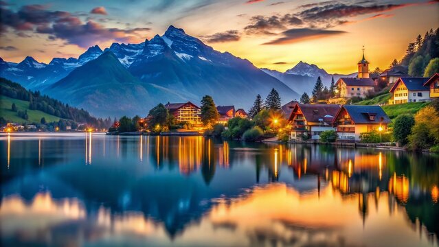 Picturesque Evening Landscape of Lake Sarnen, Switzerland with Majestic Mountains and Reflections of Warm Lights in the Water Creating a Stunning Bokeh Effect