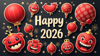 Festive 2026 lunar new year celebration with red lanterns and lucky symbols for holiday design