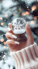 A manicured hand holds a snow globe featuring a snowflake, surrounded by a wintery backdrop with soft bokeh lights creating a festive atmosphere