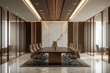 Modern Boardroom Interior Design with Marble Wall and Glass Partitions