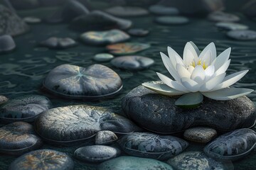 Fototapeta premium A single white flower sits atop a pile of rocks in a natural setting