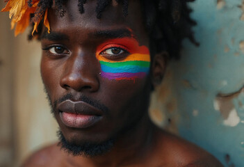 African American Black Man with Makeup and Rainbow Paint, Celebrating LGBT Identity Colorful Pride