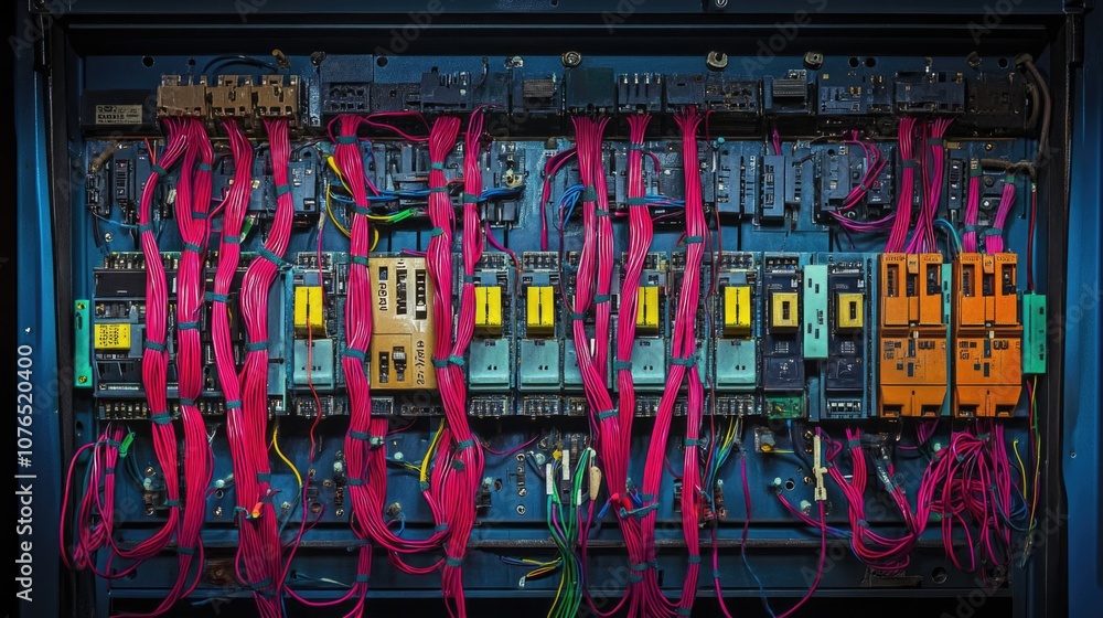 Poster a group of wires connected to a control panel, suitable for use in a technical or industrial setting