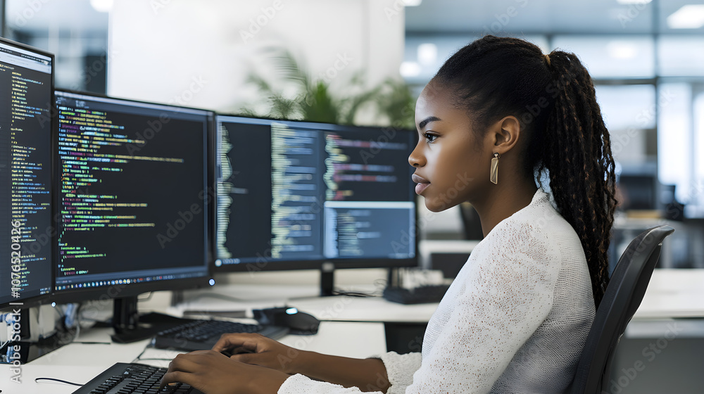 Poster a focused young african american female programmer works intently at her computer, surrounded by mul
