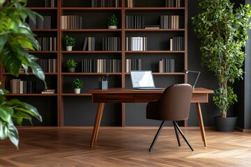 A modern home office with a wooden desk, chair, and bookcase filled with books.