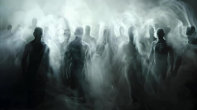 A shadowy group of figures appears to be emerging from a foggy or misty background, creating a mysterious atmosphere.