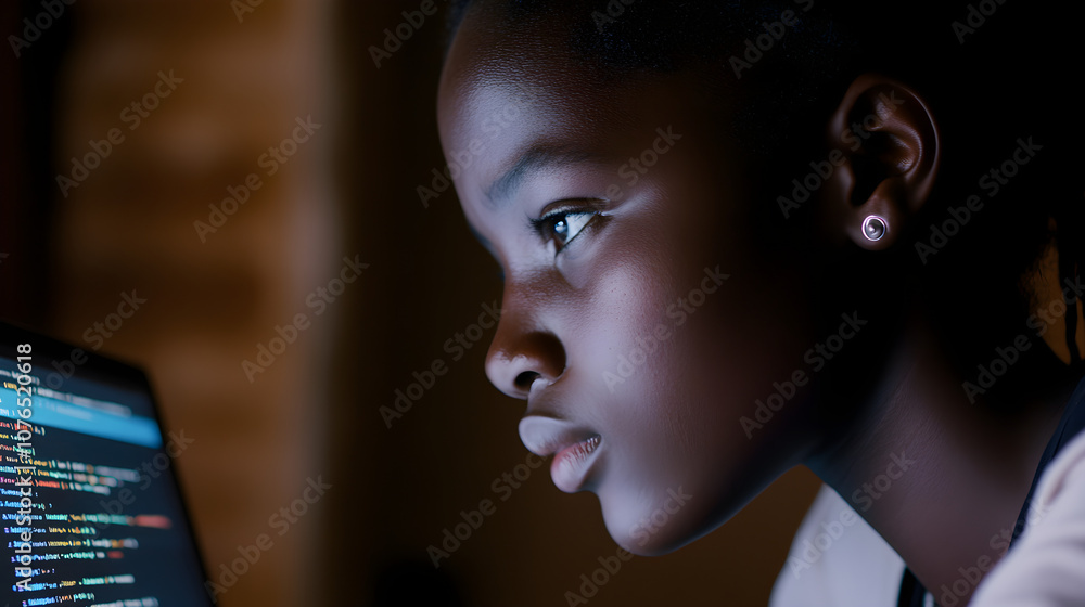 Poster a young african female developer intently focuses on coding in a low-light environment showcasing de