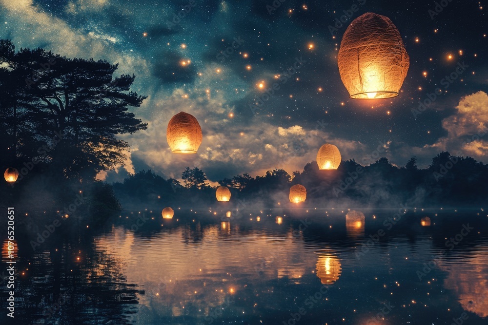 Poster a group of lanterns float above the calm surface of a lake, illuminated by moonlight