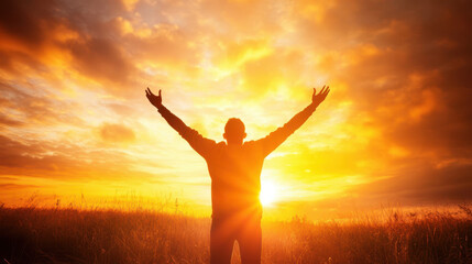person standing with arms raised against vibrant sunset, expressing joy and freedom. scene captures sense of hope and tranquility in nature