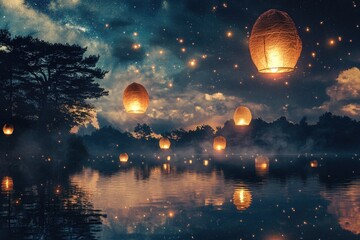 A group of lanterns float above the calm surface of a lake, illuminated by moonlight