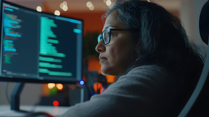 A senior hispanic female programmer focuses intently on her screen, displaying code in a modern workspace with ambient lighting and a thoughtful atmosphere