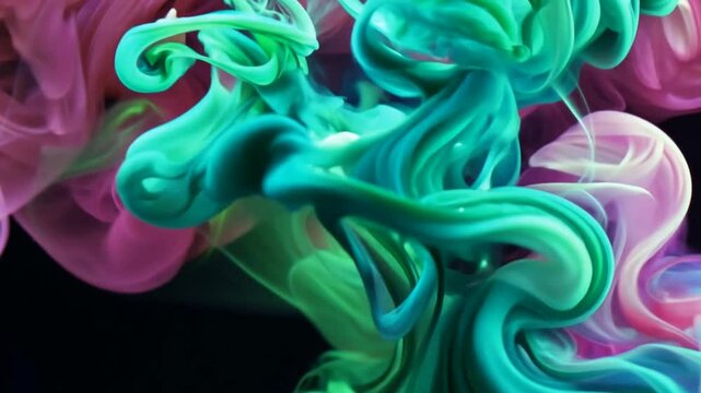 Colorful smoke swirls in pink and green against a dark background, creating an artistic effect.