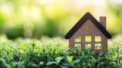 Naklejka premium A small wooden house in grass. It represents a new home, growth, and a fresh start.