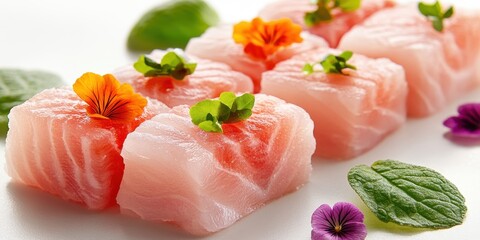 Kingfish Sashimi with edible flowers Product photogra