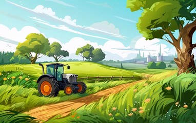 A vibrant landscape featuring a tractor on a dirt path surrounded by lush greenery and trees.