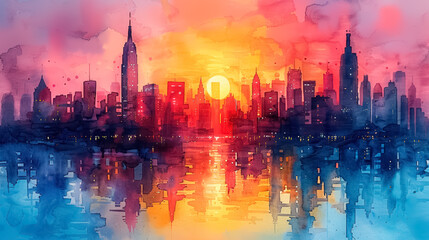 Obraz premium Beautiful modern city, watercolor painting
