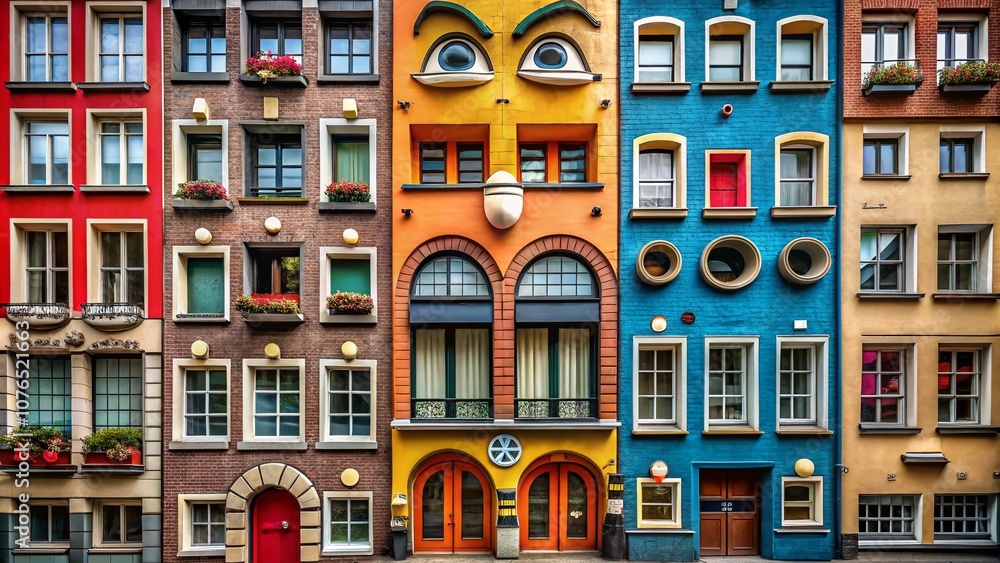 Poster quirky architectural features: a playful take on building designs with funny faces and expressions c