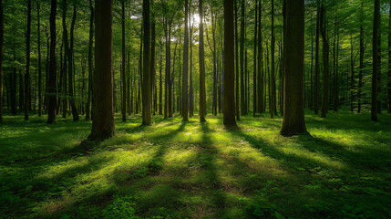 Fototapeta premium Lush green forest with sunlight streaming through the trees casting soft shadows on the forest floor, creating a serene atmosphere