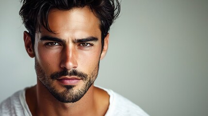 Fototapeta premium Handsome Man with Intense Gaze in Minimalist Studio Setting