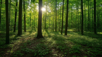 Obraz premium Lush green forest with sunlight streaming through the trees casting soft shadows on the forest floor, creating a serene atmosphere