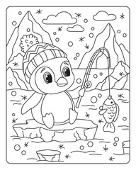 Cute little penguin. Coloring book for children. Vector black and white illustration.
