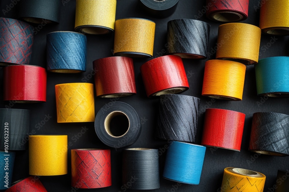 Poster a collection of colorful thread spools with varying lengths and textures