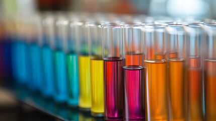 Colorful test tubes arranged in a row showcasing various liquids in a laboratory setting during the day