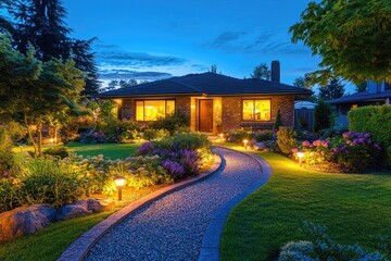 Fototapeta premium A winding pathway leads to a house with a warm, inviting glow. This photo is perfect for showcasing the beauty and safety of outdoor lighting.