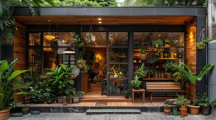 Obraz premium A modern storefront with a wooden facade and large glass windows showcasing a variety of plants and greenery.