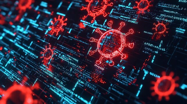 Glowing Antivirus Programs Battling Malicious Code on a Digital Battlefield Cybersecurity Concept