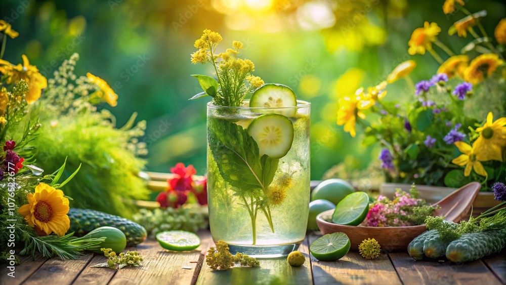 Poster refreshing cucumber mocktail with lemonade and dill garnish in a sunlit garden setting, perfect for 