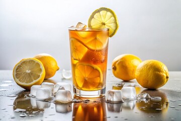 Refreshing Ice Lemon Tea Cold Beverage Isolated on White Background for Summery Vibes and Beverage Photography