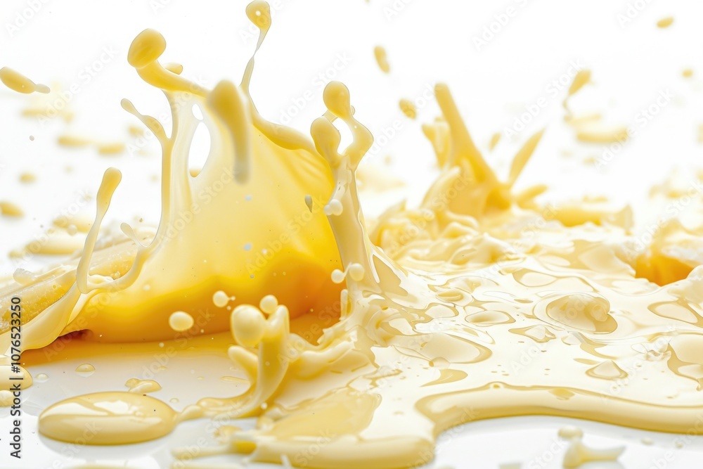 Poster a simple spill of yellow liquid on a white surface, ideal for illustrating a concept or adding color