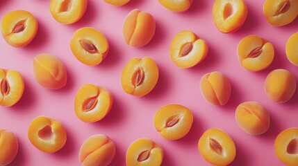 Fototapeta premium Fresh peaches arranged on a pink background
