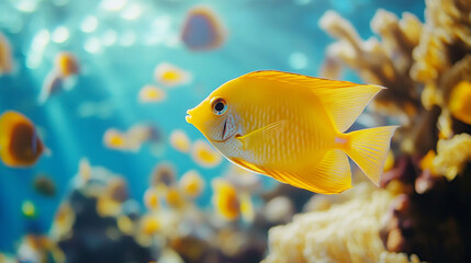 Bright yellow fish swimming gracefully through a vibrant coral reef illuminated by sunlight beneath the ocean surface