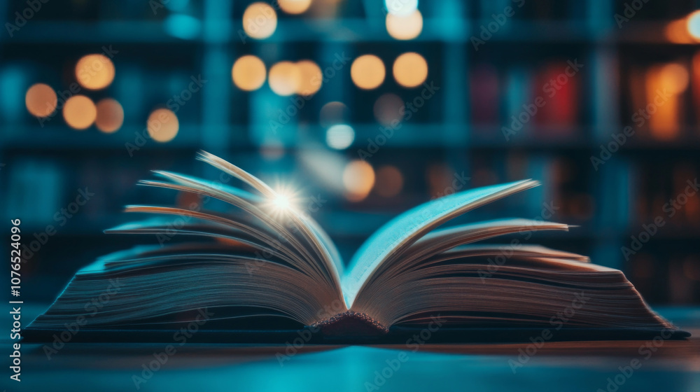 Poster a book lies open on a table, illuminated by warm light, casting soft reflections in a cozy library s