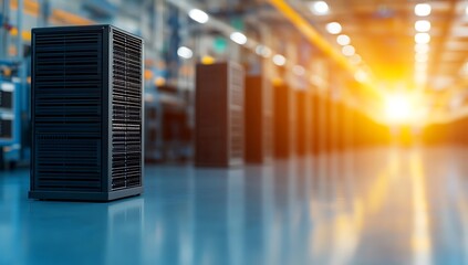 A row of black server racks in a large data center, with a bright light at the end of the hallway.